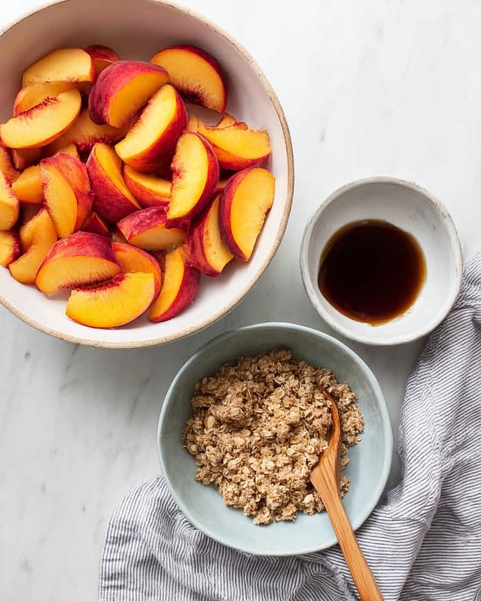 The image shows three bowls on a white marbled surface: one large white bowl filled with bright orange and red sliced peaches in neat layers, one medium light blue bowl filled with crumbly oat mixture with a wooden spoon resting inside, and one small white bowl holding a dark brown liquid, possibly syrup. A woman’s hand is not present but a wrinkled light gray and white striped cloth is placed near the bottom right corner. The lighting is bright and clear, highlighting the soft textures of the fruit and the crumbly texture of the oat mixture. Photo taken with an iphone --ar 4:5 --v 7