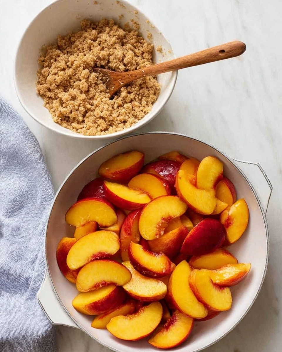 The image shows two white pans on a white marbled surface. The pan at the bottom is filled with bright orange-yellow peach slices with red skin, layered in a single spread. Above it, a white bowl contains a crumbly brown topping mix, and a wooden spoon is resting inside the bowl. The scene is clean and simple with soft natural light highlighting the texture of the fruit and crumb topping. photo taken with an iphone --ar 4:5 --v 7