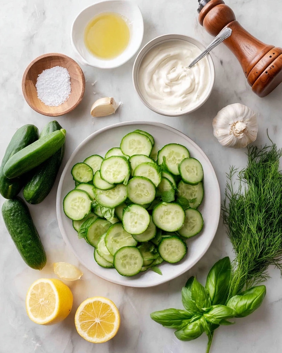 The image shows a white plate in the center filled with round, bright green cucumber slices. Around the plate, there are fresh green basil leaves on the lower right and a bunch of fresh dill on the left. Two whole cucumbers with dark green skin are placed on the lower left. Two lemon halves with a bright yellow color are placed near the bottom center. On the upper right, there is a wooden pepper grinder and a single garlic clove. Near the top center, a white bowl contains a creamy white sauce with a spoon inside. Above the bowl, a small round white dish holds a light golden liquid, likely vinegar or oil. To its left, a small wooden dish has coarse white salt. The background is a smooth white marble texture. Photo taken with an iphone --ar 4:5 --v 7