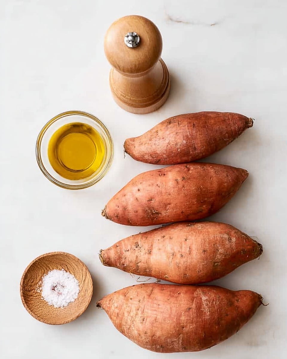 The image shows four medium-sized sweet potatoes with rough reddish-brown skin arranged in a row on a white marbled background. Above them is a wooden pepper grinder, light brown in color with a smooth texture. Below the sweet potatoes, there is a small clear glass bowl filled with golden yellow olive oil on the left and a small round wooden dish with white salt arranged in a spiral on the right. The scene is simple and clean, with all items spaced evenly. Photo taken with an iphone --ar 4:5 --v 7