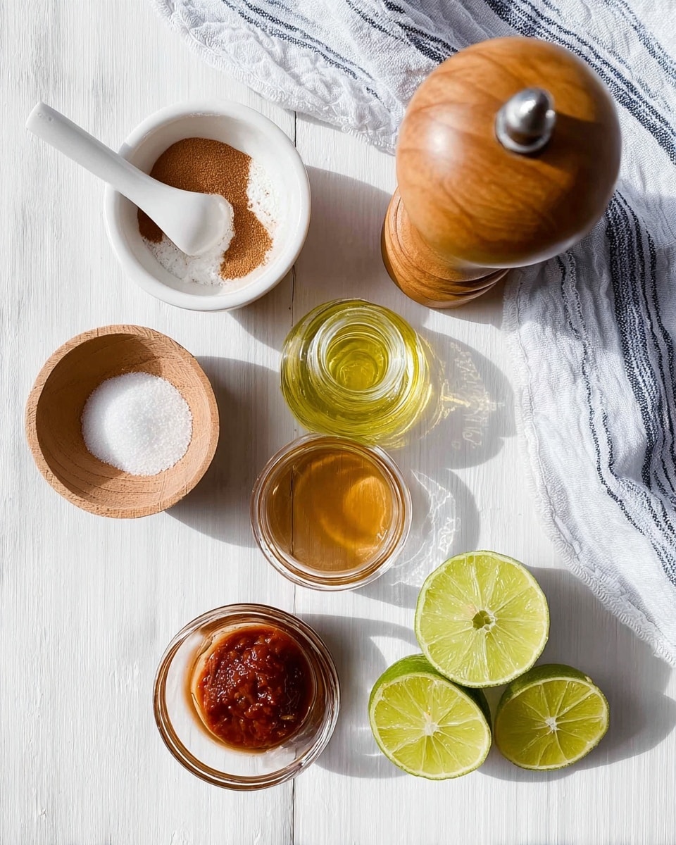 The image shows a top view of six small containers with different ingredients arranged on a white marbled surface. Starting from the top center, there is a wooden pepper grinder. To its left, a small white bowl holds brown powder with a white spoon resting inside. Below that, a small shallow wooden bowl contains white salt in a swirl pattern. To the right of the salt, a small glass jar holds a golden liquid, possibly oil. Next to the jar, on the right side, is a small glass bowl with a smooth golden-brown liquid. Below, in the bottom center, a small glass jar contains a thick red paste. On the far right, two lime halves with bright green flesh sit side by side near the edge of a white and blue striped cloth napkin. The setting is bright with soft shadows, showing clean and simple details. Photo taken with an iphone --ar 4:5 --v 7