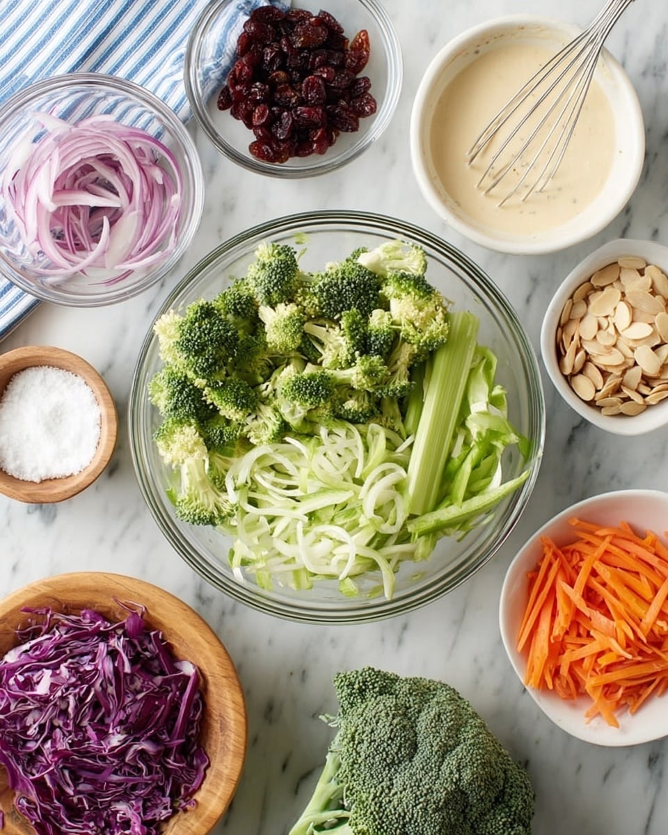 The image shows a clear glass bowl in the center with three layers: the bottom layer is dark green broccoli florets, the middle layer is thin, light green sliced celery, and the top layer is thin, pale green celery sticks. Around the bowl, there are several smaller bowls and loose ingredients on a white marbled surface. To the top left, thinly sliced light purple red onion petals are in a clear bowl. Just below that, dried dark red cranberries are in another small clear bowl. To the top right, a clear glass bowl contains a creamy white dressing with a metal whisk inside it. Next to that is a small white dish with coarse white salt. Moving rightwards, a white bowl contains thin, bright orange carrot sticks, and below it, a light wood bowl holds thinly shredded deep purple cabbage. At the bottom center, a small glass bowl holds pale beige sliced almonds. A large whole broccoli floret with dark green tops and a light green stem rests on the white marbled surface at the bottom left. A piece of blue-and-white striped cloth is partly visible in the upper left corner. photo taken with an iphone --ar 4:5 --v 7