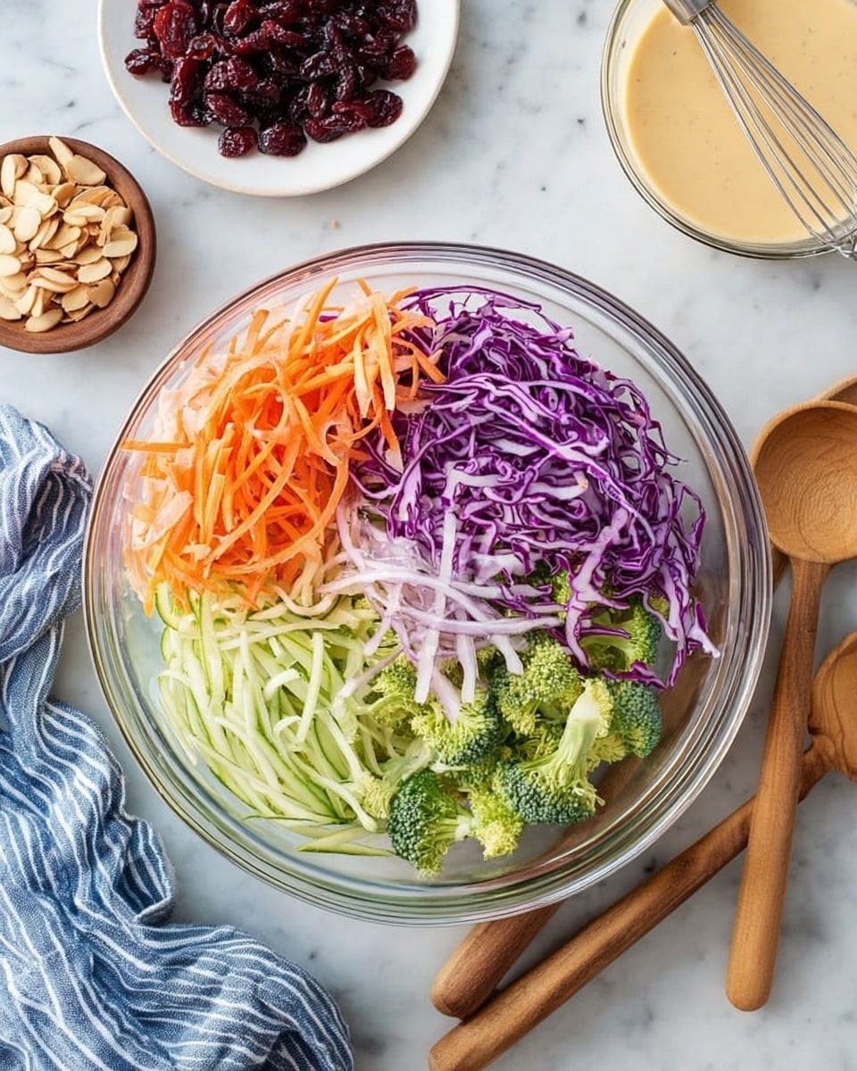 A clear glass bowl sits on a white marbled surface filled with four distinct layers of vegetables: the top right layer features bright purple shredded cabbage, below it to the left is a pile of thin orange carrot sticks, next to them thin slices of pale green celery and broccoli pieces fill the bottom left, and thin slivers of light purple onion rest lightly over the celery. Surrounding the bowl, there is a small white plate with dried dark red cranberries on the left, a glass bowl with sliced almonds at the bottom, and a creamy light tan dressing with a whisk in a glass bowl at the top right. Two wooden spoons rest on the right edge. A striped blue cloth is partially visible at the upper left corner. The scene is well-lit and clean. photo taken with an iphone --ar 4:5 --v 7