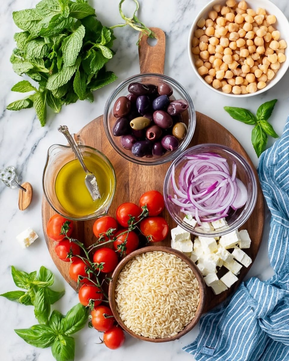 The image shows a top view of fresh ingredients laid out on a round wooden board placed on a white marbled surface. There is a measuring cup with a mustard-yellow liquid and a spoon inside it on the left side. Above it, there is a small clear glass bowl filled with dark purple olives. To the right, there is a small wooden bowl filled with uncooked light beige rice. Surrounding the board are fresh red cherry tomatoes still on the vine, a bunch of green mint leaves, fresh green basil leaves, and a blue striped cloth napkin on the right. There is a clear glass bowl with slices of bright purple-red onion and another clear bowl with white cubes of feta cheese. At the top right corner, there is a white bowl filled with light brown chickpeas. Photo taken with an iphone --ar 4:5 --v 7