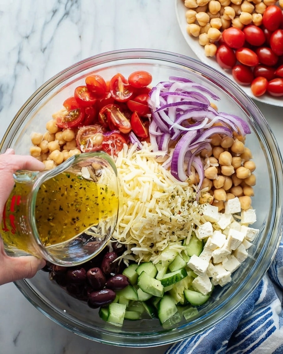 A clear glass bowl holds a colorful layered salad arranged in sections: at the top right, small white cubes of cheese, next to thin slices of purple onion, shredded pale yellow cheese toward the center, bright red halved cherry tomatoes with some beige chickpeas, dark purple sliced olives on the upper left side, and green cucumber pieces filling in the lower left and bottom part. A woman's hand is pouring a golden yellow dressing with herbs from a transparent measuring cup into the bowl. In the background on the white marbled surface, there's a white plate with more chickpeas and a row of red cherry tomatoes. A blue and white striped cloth is partially visible on the bottom right edge. photo taken with an iphone --ar 4:5 --v 7