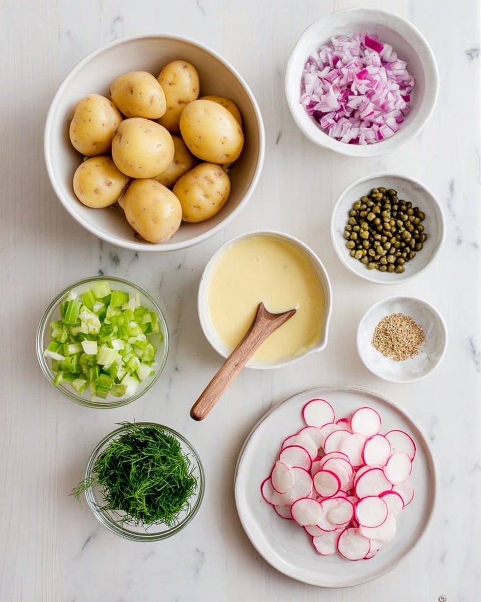The image shows several small white bowls and a white plate arranged on a white marbled surface. In the top left, a white bowl holds about eight whole yellow potatoes with smooth skin. To the right, a small white bowl contains green capers. Below the potatoes, there is a small clear glass bowl filled with chopped celery that is bright green. Next to it, a white bowl holds diced red onions with pale purple and white colors. In the center, a larger white bowl holds a pale yellow smooth sauce with a wooden spoon resting inside. On the right side, a white plate contains neatly arranged thinly sliced radishes, showing white centers with pink edges. At the bottom, there is a small white bowl of finely chopped fresh dill with green color, and next to it another white bowl with chopped green chives. Photo taken with an iphone --ar 4:5 --v 7