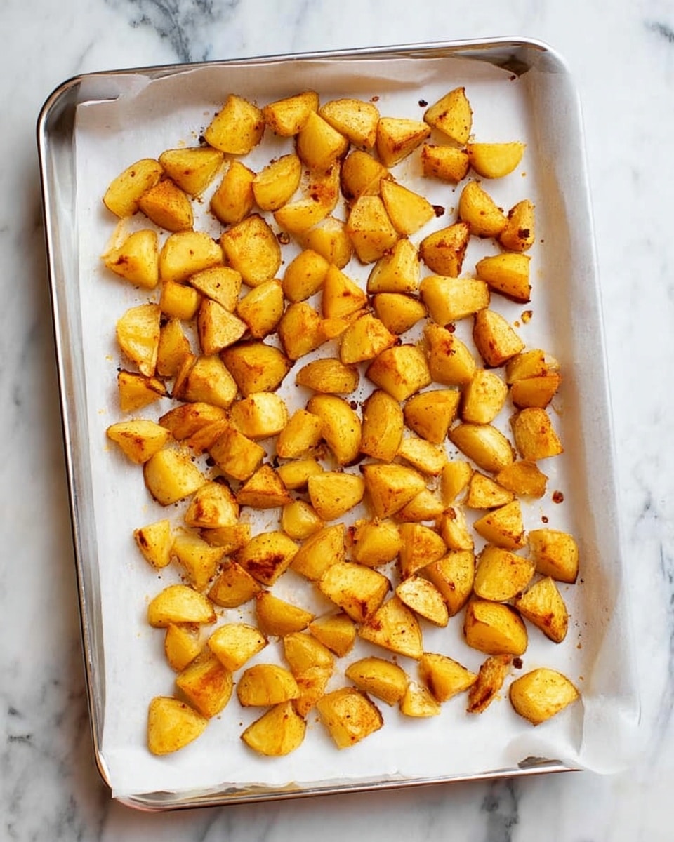 A baking tray covered with white parchment paper holds many small pieces of golden yellow roasted potatoes spread out in an even layer. Each potato piece is chunky with a slightly crispy texture and light browning on the edges, showing a slight sprinkle of seasoning. The tray rests on a white marbled surface, enhancing the warm color of the potatoes. photo taken with an iphone --ar 4:5 --v 7
