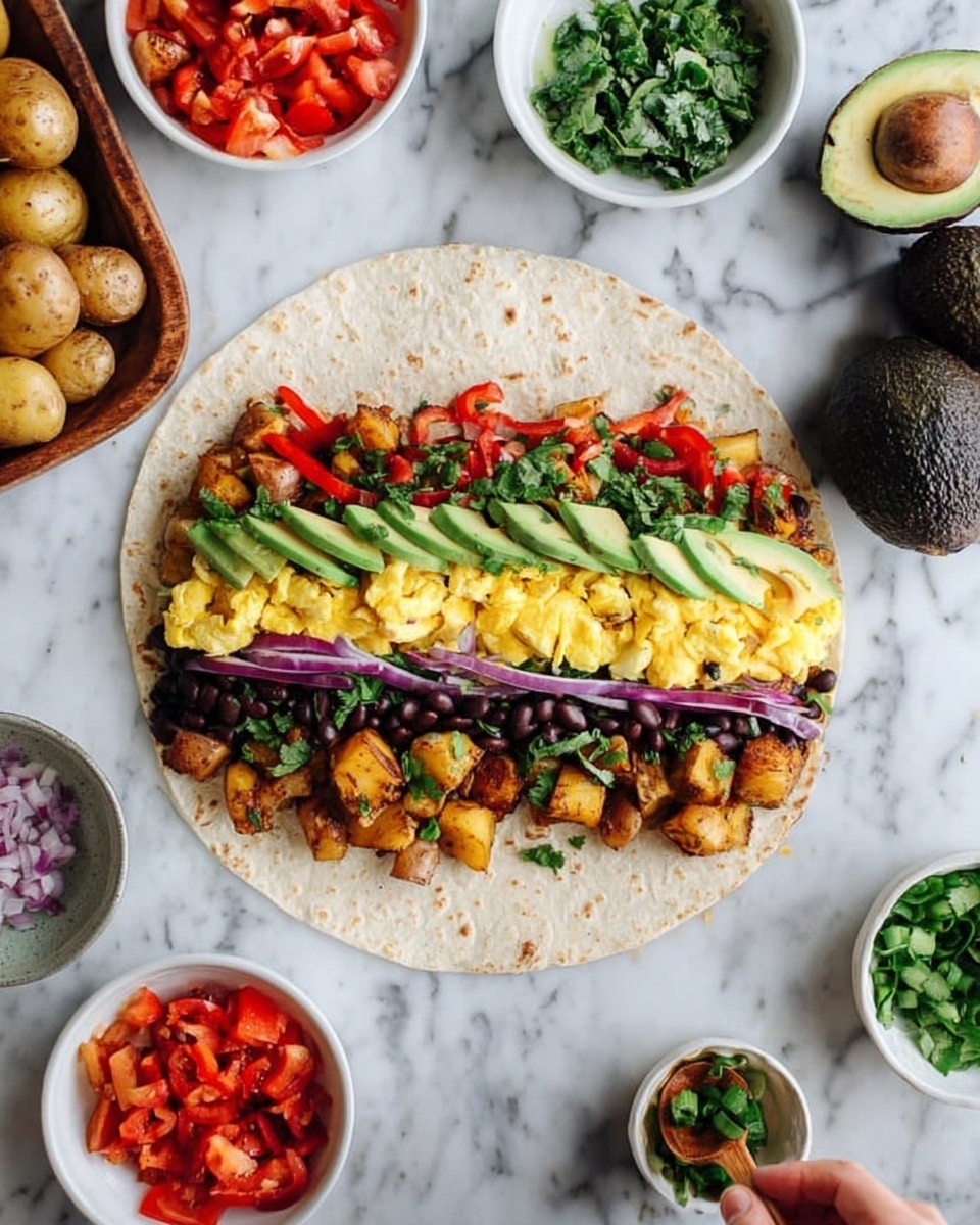A large flat tortilla lays open on a white marbled surface. From bottom to top, it has a layer of green cilantro leaves, thin slices of red bell peppers and purple onions, a bright yellow layer of scrambled eggs, a mix of red diced tomatoes and black beans, chunky golden-brown cooked potato pieces, and sliced avocado arranged neatly along the top edge. Around the tortilla are small white bowls with various ingredients like more diced tomatoes, green onions, black beans, sautéed green vegetables, and red bell pepper slices. A whole dark avocado appears on the right side, and a wooden tray with extra cooked potatoes is at the bottom left. A woman's hand holds a small wooden spoon in one of the bowls near the top right. photo taken with an iphone --ar 4:5 --v 7
