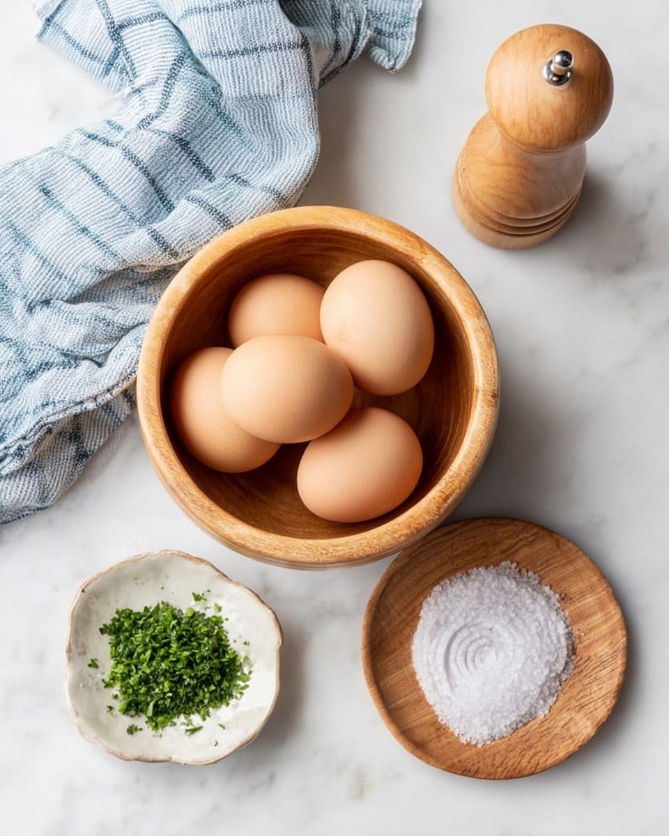 The image shows a light wooden bowl filled with six light brown eggs, placed on a white marbled surface. To the right of the bowl, there is a small white dish with a cracked texture, holding chopped green herbs. Below this dish, there is a small wooden plate with a spiral pile of white salt. A light wooden pepper grinder is positioned at the top right corner. On the left side of the frame, a blue and white striped cloth is casually placed on the white marbled surface. photo taken with an iphone --ar 4:5 --v 7