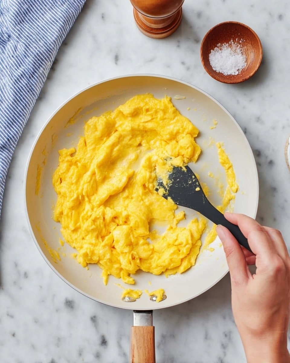 A white frying pan holds bright yellow scrambled eggs with a soft, creamy texture, spread mostly in the center and slightly touching the edges. A woman's hand is holding the pan's handle, while another woman's hand uses a black spatula to gather the eggs. The background shows a white marbled surface with a wooden pepper grinder, a small wooden dish filled with salt, and a blue and white striped cloth partly visible in the upper left corner. photo taken with an iphone --ar 4:5 --v 7