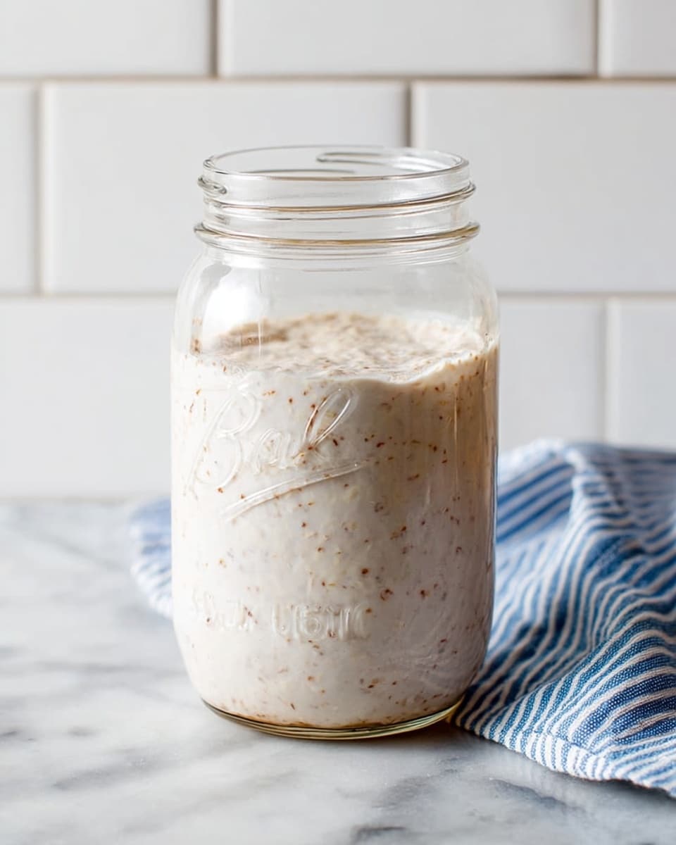 A clear glass jar filled halfway with a thick, creamy white mixture that has small brown specks evenly spread throughout. The jar sits on a white marbled surface with a soft blue and white striped cloth partially visible on the right side. The background consists of smooth white subway tiles. The overall look is clean and simple with natural light highlighting the texture of the mixture. photo taken with an iphone --ar 4:5 --v 7