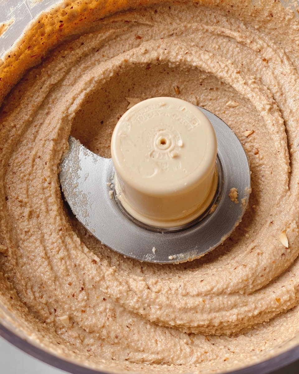 A close-up image showing a creamy almond butter inside a food processor bowl. The almond butter has a smooth but slightly grainy texture with tiny bits of almonds visible throughout, and it is spread evenly around the blade in the center. The blade is metal with a beige plastic cover on top, contrasting with the light brown almond butter. The bowl is clear, and the background is not clearly visible as the focus is tight on the almond butter mixture. photo taken with an iphone --ar 4:5 --v 7