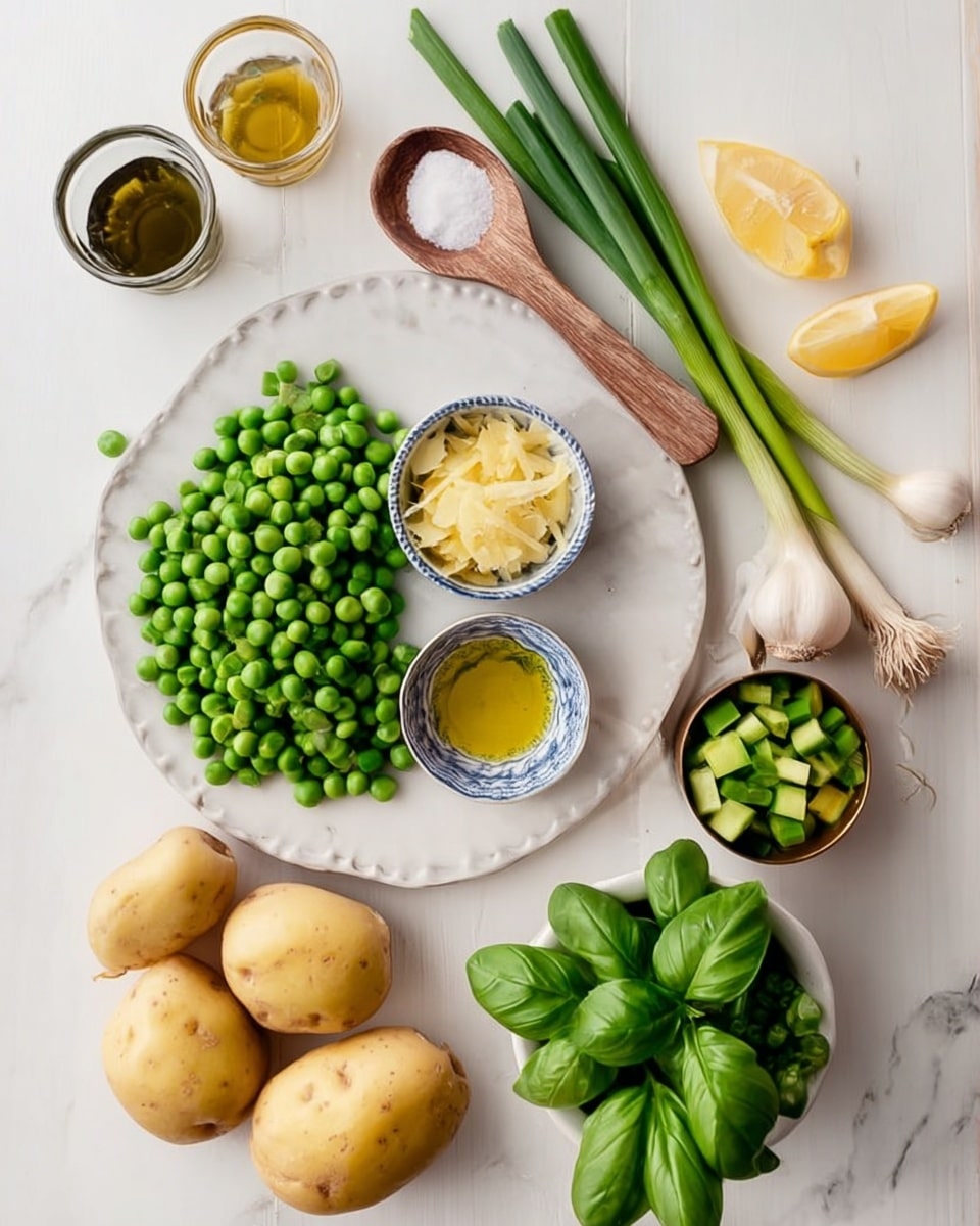The image shows fresh ingredients arranged neatly on a white marbled surface with a white plate at the center. On the plate, there is a small white bowl filled with bright green peas, a wooden spoon holding white salt, a small blue and white bowl of pale yellow mustard, a similar bowl with finely grated lemon zest, a clear glass bowl containing light yellow oil, three whole garlic cloves, two long green onions, and a half lemon slice. To the lower right of the plate, there is a white scalloped bowl filled with chopped green asparagus pieces. Nearby, on the surface, there are two whole yellow potatoes and a small brass cup filled with fresh green basil leaves, with a few basil leaves placed beside it. The whole setup is bright and clean. photo taken with an iphone --ar 4:5 --v 7