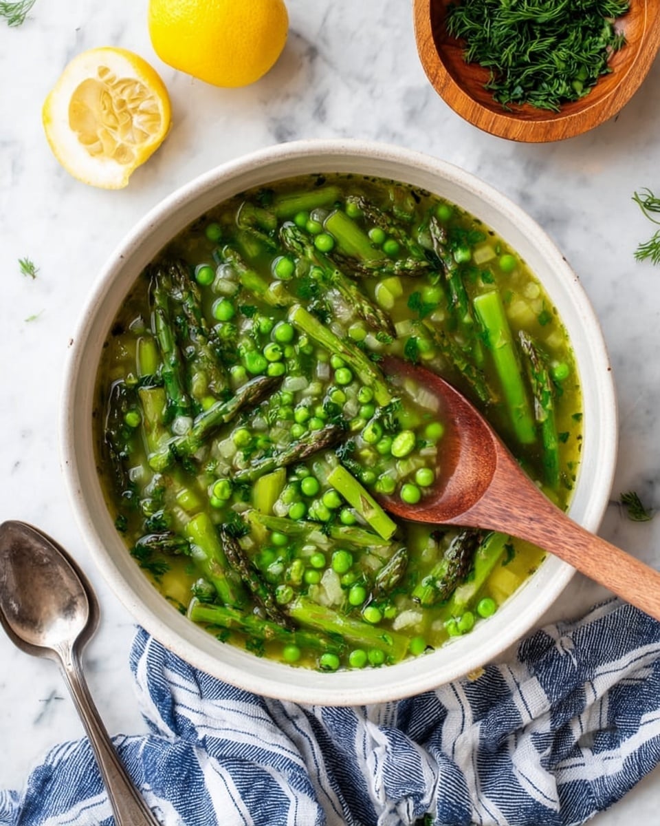 A white bowl filled with bright green vegetable soup mainly made of chopped asparagus and green peas, with a wooden spoon scooping some pieces from the center of the soup. Around the bowl is a white marbled textured surface with a lemon half on the left, a small wooden bowl with more chopped asparagus at the top, and a silver spoon on the bottom left. A blue and white striped cloth is placed under the bowl, partially visible. The dish looks fresh and vibrant with green colors dominating the scene. Photo taken with an iphone --ar 4:5 --v 7