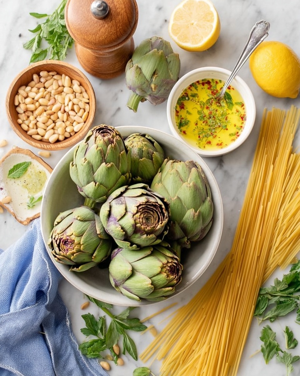 The image shows a white bowl in the center filled with several fresh artichokes that are green with a hint of purple. To the right of the bowl, there is a bundle of uncooked spaghetti pasta spread out on a white marbled surface, with half a lemon next to it. Above the bowl, there is a white small bowl with a yellow sauce mixed with herbs and red pepper flakes, with a silver spoon resting inside. On the top left side, a wooden bowl holds pine nuts, and a wooden pepper mill is nearby. Fresh herbs and lemon halves are scattered around, and a folded blue cloth is visible on the upper right corner. Photo taken with an iphone --ar 4:5 --v 7