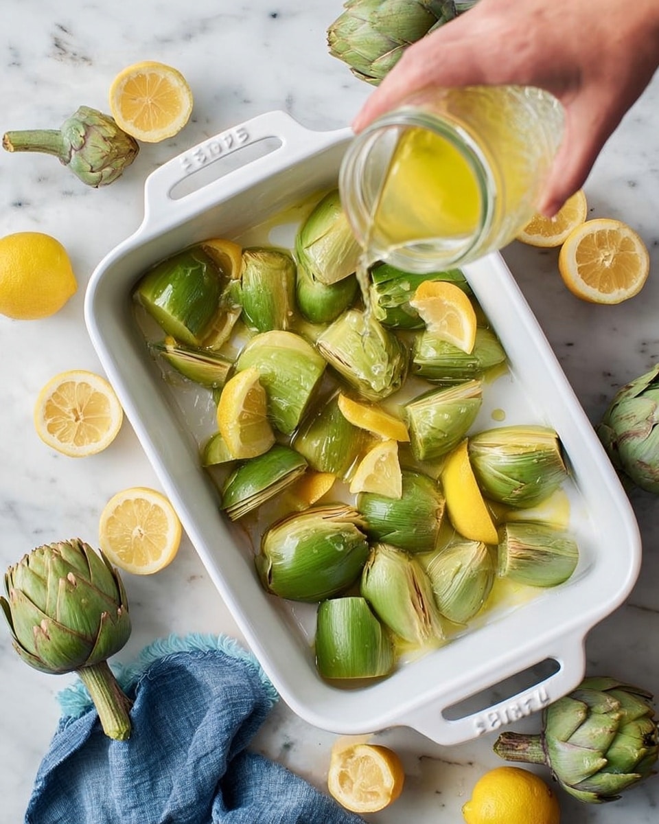 The image shows a white rectangular baking dish filled with several pieces of green artichokes, each cut into halves or smaller sections, mixed with bright yellow lemon wedges scattered among them. A woman’s hand is pouring golden olive oil from a small clear glass jar over the ingredients. Around the dish, there are whole artichokes, lemon halves, and a blue cloth napkin, all placed on a white marbled surface. The light is natural, making the green and yellow colors look fresh and vibrant. photo taken with an iphone --ar 4:5 --v 7