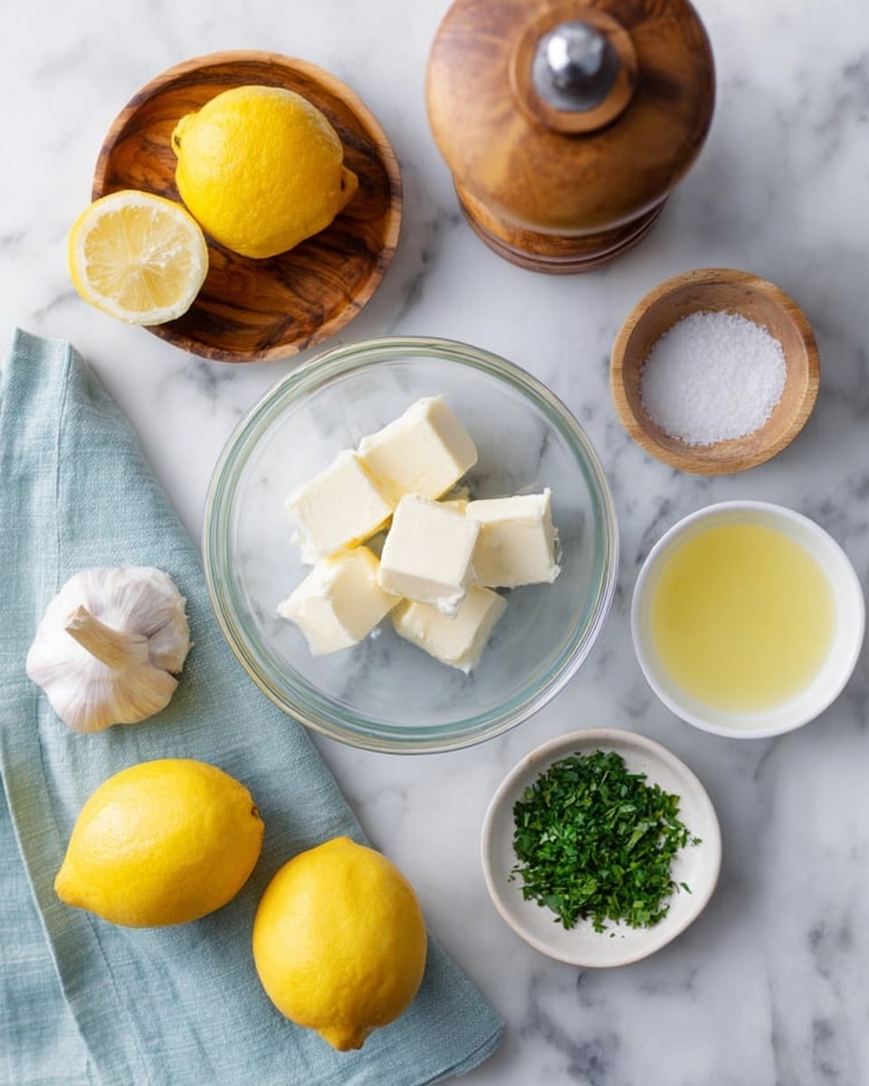 A top view of six cooking ingredients arranged on a white marbled surface: a clear glass bowl with six white butter cubes in the center; a small white dish with finely chopped green herbs at the bottom right; a peeled garlic clove beside it; a small clear glass bowl with light yellow lemon juice at the top right; a wooden pepper grinder and a wooden dish with salt nearby at the top left; two whole yellow lemons and one lemon half placed at the bottom left on a light blue cloth. photo taken with an iphone --ar 4:5 --v 7