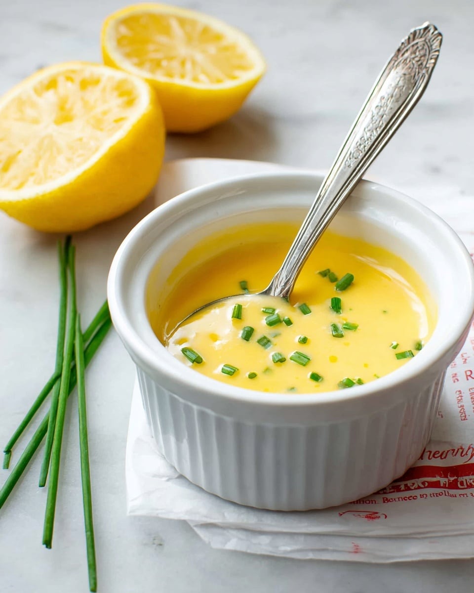 A white ribbed ceramic ramekin filled with a smooth, yellow sauce garnished with small green chive pieces on the surface. A silver spoon with an ornate handle rests inside the ramekin, partially submerged in the sauce. Behind the ramekin, two halved lemons are positioned, showing their juicy, textured interiors. Scattered fresh chives lie near the ramekin, and a piece of paper with red text partly visible lies on the white marbled surface beneath. photo taken with an iphone --ar 4:5 --v 7