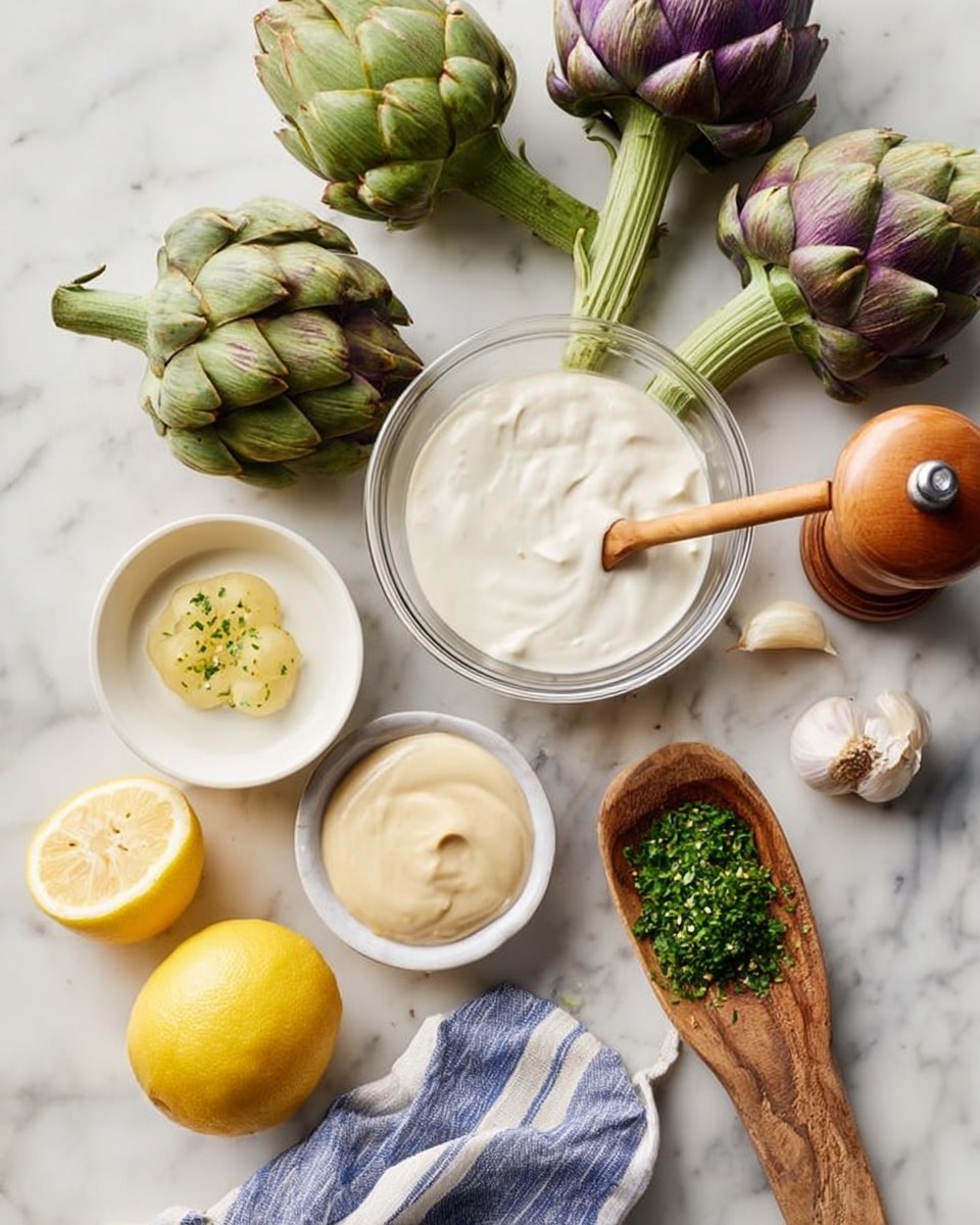 The image shows a white marbled surface with several fresh artichokes, some whole and some with purple tips, spread out around a halved bright yellow lemon with visible juicy flesh. At the center, there is a clear glass bowl filled with a thick white creamy sauce, a small wooden spoon resting inside it. Next to it is a small white bowl containing a thicker beige sauce. A small round white dish holds a dollop of a light yellow paste. A rustic wooden spoon with a short handle contains finely chopped green herbs. A wooden pepper grinder is placed to the right, and a single garlic clove lies near the bowls. A blue and white striped cloth is partly visible under the wooden spoon, enhancing the natural and fresh look of the ingredients. photo taken with an iphone --ar 4:5 --v 7
