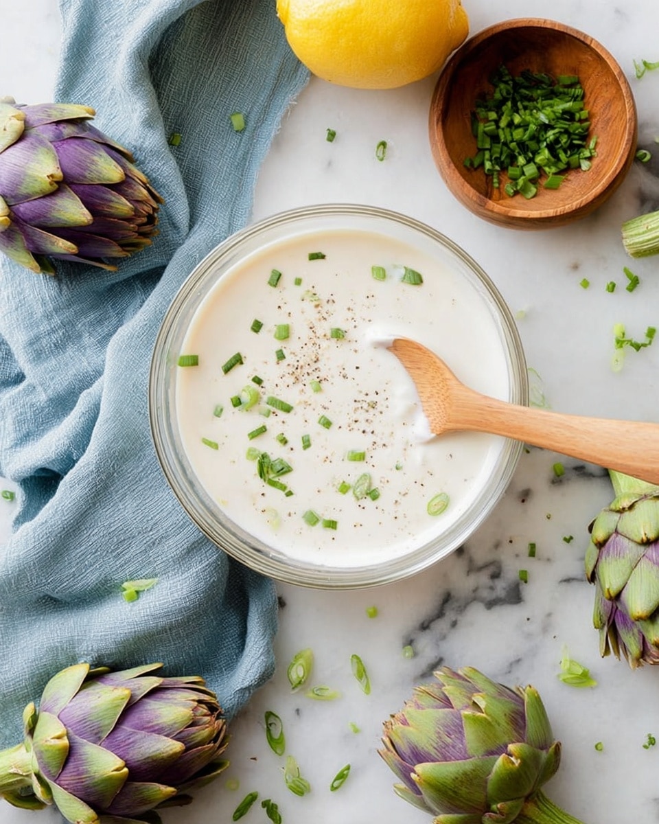 A clear glass bowl filled with smooth white sauce topped with small green chopped herbs and a light sprinkle of ground black pepper; a light wooden spoon rests inside the bowl, partially dipped in the sauce. Surrounding the bowl are several small purple and green artichokes, a halved bright yellow lemon, a small round wooden bowl of chopped green herbs, and a light blue cloth on a white marbled surface. Some green herb pieces are scattered around the bowl. Photo taken with an iphone --ar 4:5 --v 7