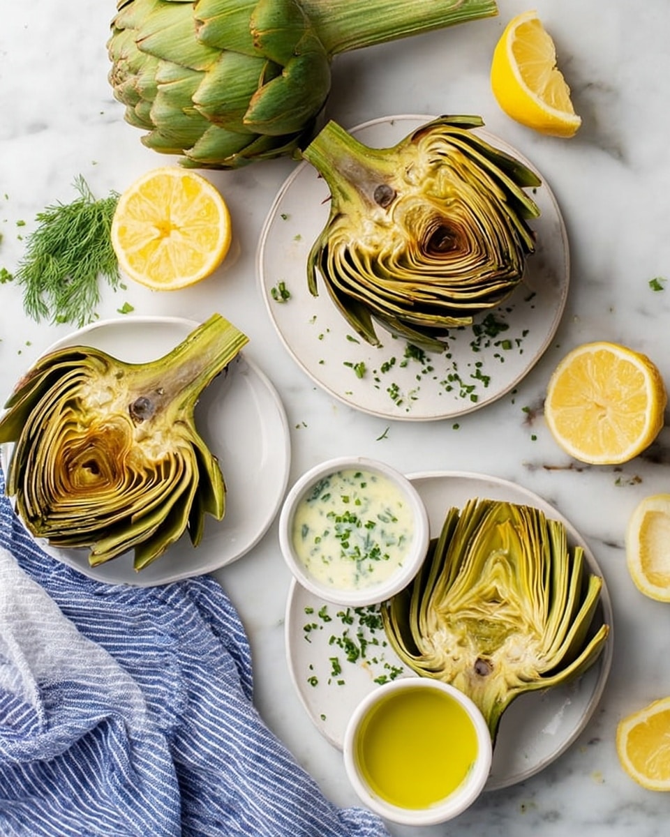 The image shows two white plates on a white marbled surface with three artichoke halves placed with the cut sides facing up, showing their layers of green and olive petals. One plate holds two artichoke halves with a small white bowl of light creamy sauce sprinkled with chopped green herbs in the center. The other plate has one artichoke half next to a small white bowl filled with a yellow-green oil-based sauce with green herbs. Around the plates, there are lemon halves and whole lemons scattered, a whole artichoke, and a blue and white striped cloth draped on the surface. Photo taken with an iphone --ar 4:5 --v 7