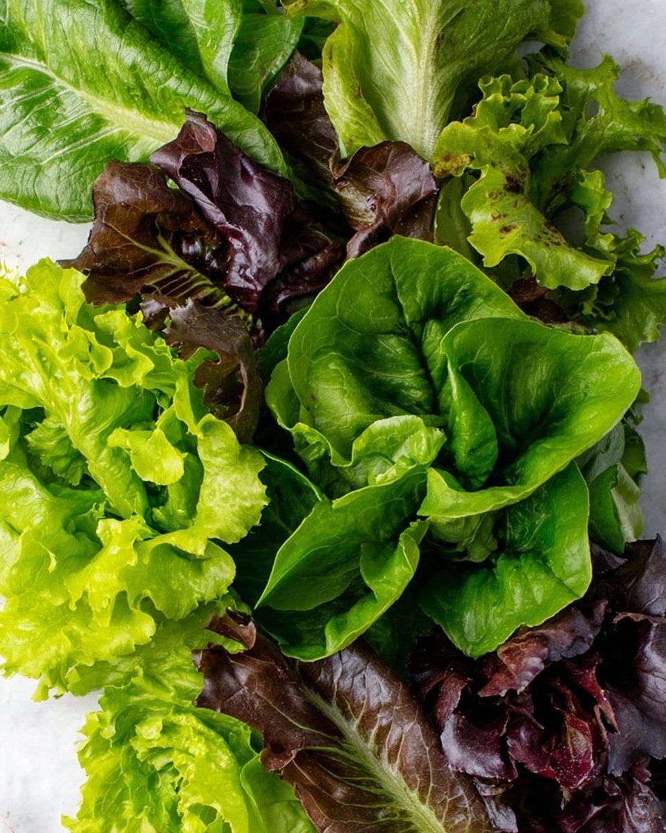 The image shows a close-up of many types of fresh lettuce leaves arranged flat on a white marbled surface. The lettuce has several layers with different textures and colors: bright green wavy leaves, darker green smooth leaves, and some reddish-purple leaves with a slightly curled shape. The leaves are spread unevenly, filling the whole frame, and their veins and edges are clearly visible, showing freshness and crispness. The mix of green and purple colors creates a natural, lively look. Photo taken with an iphone --ar 4:5 --v 7