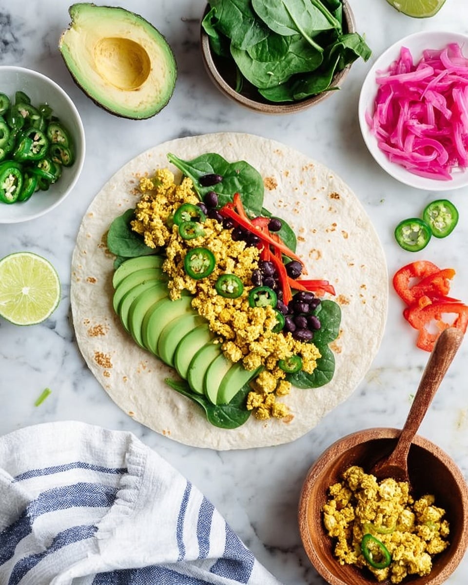 A white tortilla lay flat on a white marbled surface, topped with four main layers: fresh green spinach leaves placed directly on the tortilla, bright green avocado slices neatly arranged in a row next to the spinach, a golden-yellow crumbly tofu scramble sprinkled with black beans and small green jalapeño slices over the spinach and avocado, and thin strips of reddish-orange bell peppers along with pink pickled onions on one side. Surrounding the tortilla are small white bowls holding fresh spinach leaves, chopped green jalapeños, red bell pepper strips, and pickled pink onions. A wooden spoon rests in a brown bowl filled with the tofu scramble, and a whole avocado and lime wedges are nearby. A white cloth with blue stripes lies partially underneath the tortilla. Photo taken with an iphone --ar 4:5 --v 7