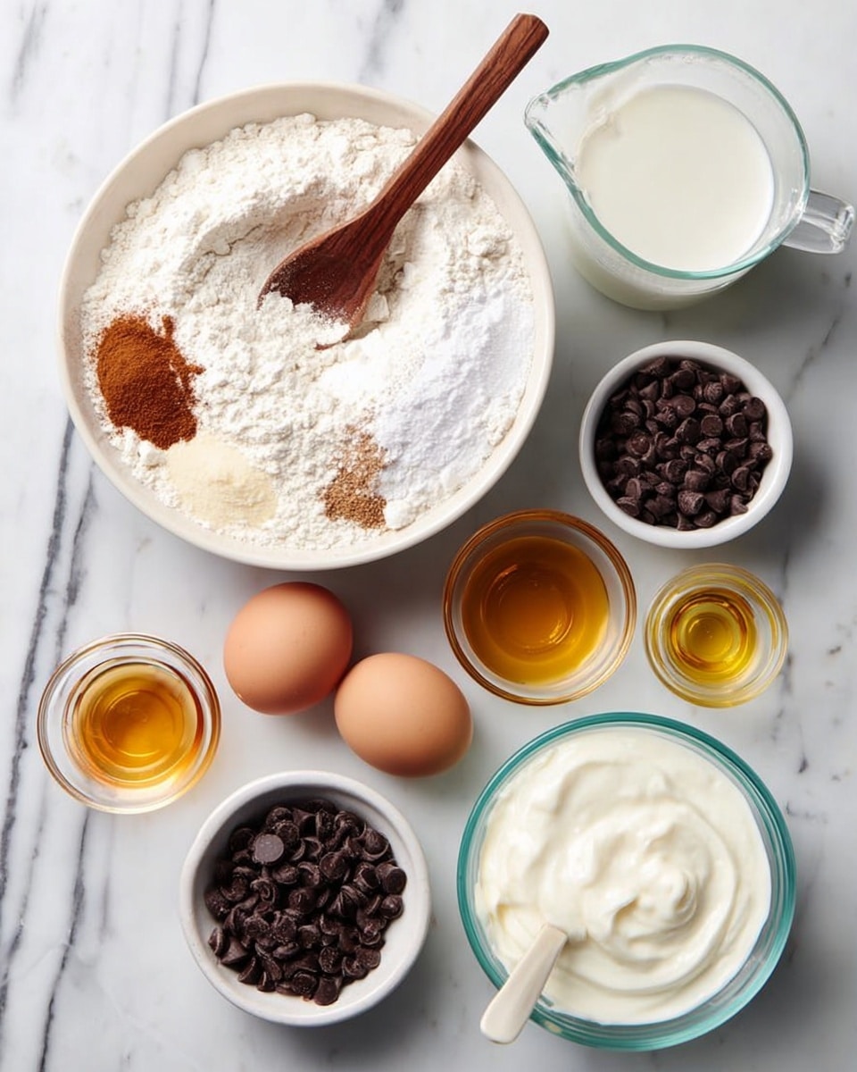 A top view of a white marble surface with baking ingredients arranged neatly: a large white bowl with flour, sugar, and cinnamon mixed together with a wooden spoon inside it; next to it a glass measuring cup filled with milk; a small white bowl filled with dark chocolate chips; two whole brown eggs placed side by side; a small glass bowl with a light liquid; a glass bowl with honey; a small glass bowl with golden oil; and a clear glass bowl filled with white creamy yogurt with a small wooden spoon resting inside. Photo taken with an iphone --ar 4:5 --v 7
