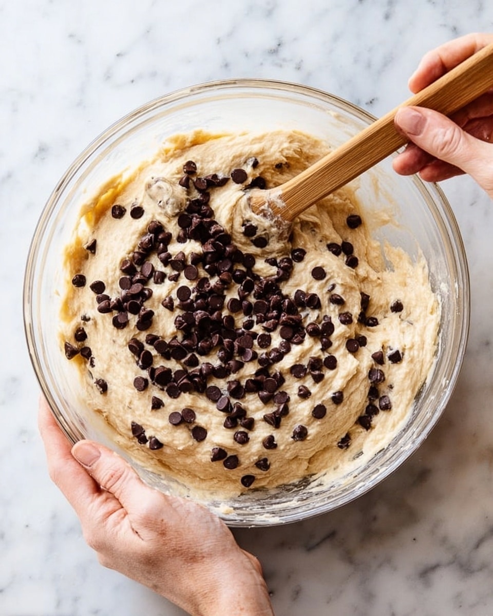 A clear glass bowl filled with light beige, thick batter mixed with many small dark brown chocolate chips spread mostly on top. Two woman's hands are holding the bowl and stirring the batter with a wooden spatula. The background is a white marbled surface. photo taken with an iphone --ar 4:5 --v 7