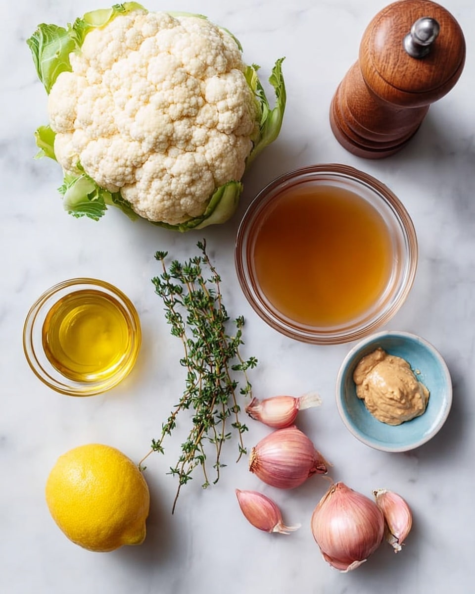 The image shows a white cauliflower head with some green leaves on the bottom left, two reddish shallots placed next to each other slightly to the right, and five garlic cloves spread below them. A bright yellow lemon sits at the bottom left corner with a small bunch of green thyme leaves nearby. Above the shallots is a glass pitcher filled with golden-brown liquid, likely broth, and next to it on the top right is a wooden pepper grinder. There is a small glass jar of golden olive oil to the left of the cauliflower, and two small white dishes at the bottom right: one with a creamy pale brown paste and the other with a dab of light yellow mustard on a blue inner surface. All of this is laid out on a smooth white marbled surface. photo taken with an iphone --ar 4:5 --v 7