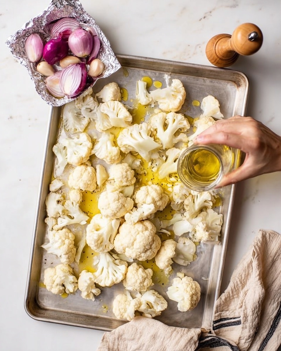 A metal baking tray holds many white cauliflower florets spread out in a single layer over parchment paper. In one corner, a foil packet contains peeled garlic cloves and small purple shallot pieces. A woman's hand is pouring golden olive oil from a small clear jar over the cauliflower. The tray sits on a white marbled surface next to a light wooden pepper grinder and a folded striped cloth. The scene is bright and clean, focused on preparing the vegetables for roasting. photo taken with an iphone --ar 4:5 --v 7