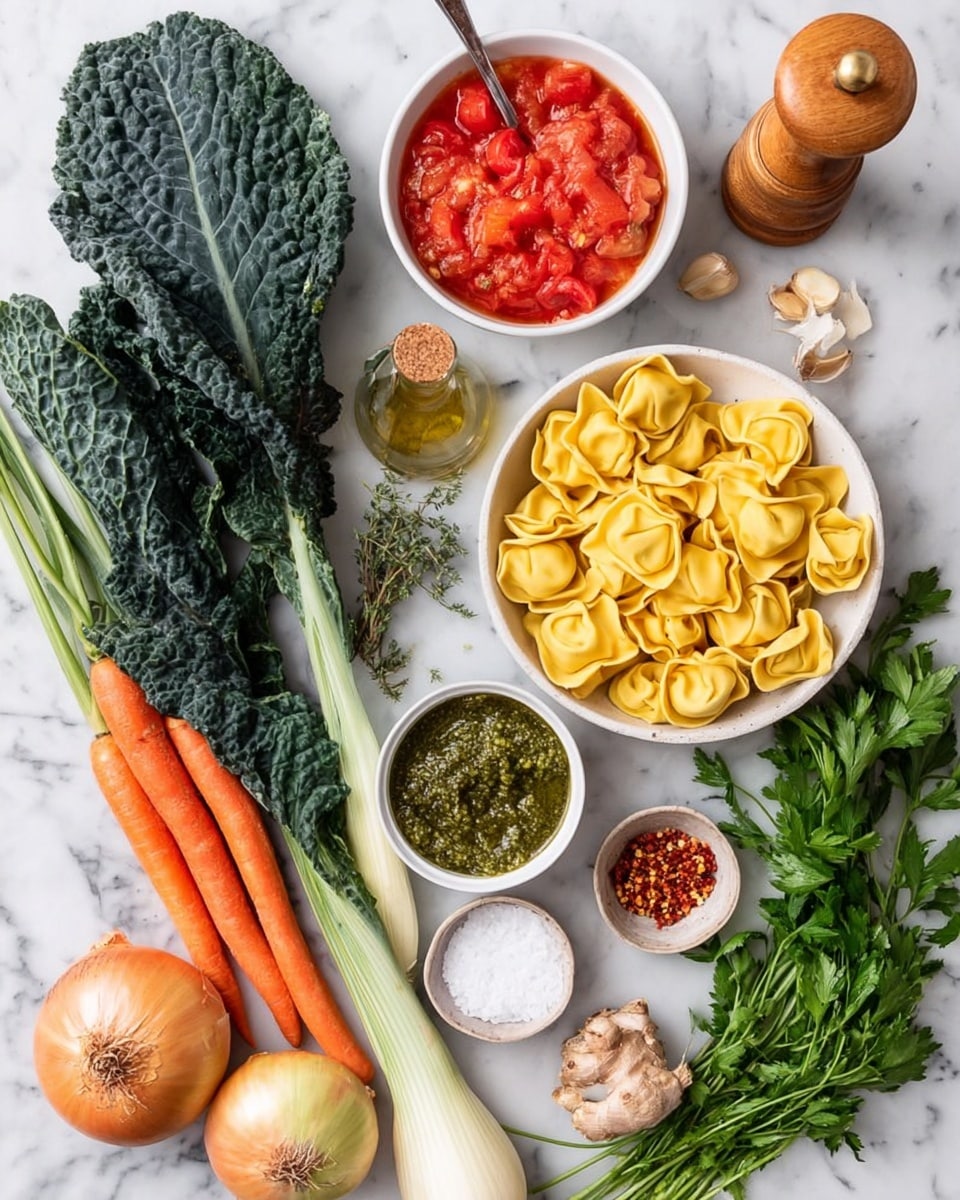 The image shows fresh ingredients laid out on a white marbled surface. In the center, there is a pile of yellow tortellini pasta. To the right of the pasta, there is a white bowl filled with green pesto sauce and a small spoon inside, and above it, a white bowl with bright red chopped tomatoes in sauce. Near the top, there is a small bottle of olive oil and a wooden pepper grinder. To the left, there are three large dark green kale leaves, two orange carrots with green tops, fresh fennel with white bulb and green stalks, and a bunch of bright green parsley. Below the pasta, a whole light brown onion is placed and next to it, some fresh thyme sprigs. Near the red tomato bowl, there is a small white bowl with coarse salt and a gold spoon, and above that, a small wooden bowl with red pepper flakes. A garlic bulb and a small piece of peeled ginger are also arranged near the center. The whole setup looks fresh, colorful, and ready for cooking, photo taken with an iphone --ar 4:5 --v 7