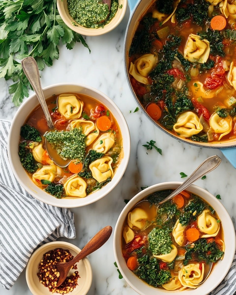 The image shows two white bowls filled with a bright, clear broth soup containing yellow tortellini, dark green leafy vegetables, and small orange carrot slices, each bowl having a silver spoon inside. Next to the bowls is a large white pot with a blue rim, full of the same soup with visible pieces of diced red tomatoes and kale, placed on a white knitted coaster. In the bottom left corner is a small white bowl containing green pesto with a wooden spoon. The setup is on a white marbled surface, with fresh green parsley nearby and a small wooden bowl of red chili flakes. A gray and white striped cloth is partly under one of the bowls. photo taken with an iphone --ar 4:5 --v 7