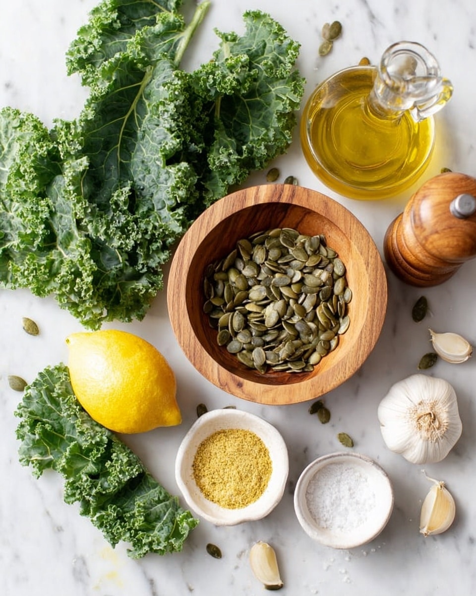 The image shows a white marbled surface with fresh green kale leaves spread around. In the center is a wooden bowl filled with green pumpkin seeds. Towards the top right, there is a glass bottle of golden olive oil and a wooden pepper grinder. At the bottom right, there is a small white bowl containing a yellow powder, and next to it, a white bowl filled with coarse salt. A whole white garlic bulb and a yellow lemon are placed on the left side among the kale leaves. Photo taken with an iphone --ar 4:5 --v 7