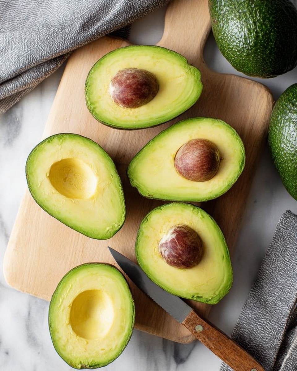 The image shows seven avocado halves on a light wooden cutting board placed on a white marbled surface. Five avocado halves have brown seeds in the center, while two are without seeds showing the smooth yellow-green flesh inside. Around the cutting board, there are two whole avocados with dark green, bumpy skin. A knife with a wooden handle is positioned to the right side of the board. A gray cloth with stripes is partially visible in the upper left corner. The overall tones are natural with a mix of green, brown, and light wood, giving a fresh and simple look. photo taken with an iphone --ar 4:5 --v 7