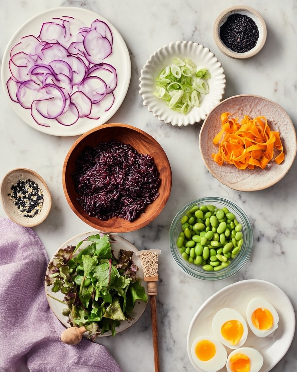 The image shows a variety of small bowls and plates arranged on a white marbled surface with fresh ingredients. There is a white plate on the top left filled with thin purple and white slices arranged in a fan shape. Below it, a wooden bowl holds a dark purple grain with a wooden spoon resting inside. To the right, a white bowl contains bright orange vegetable ribbons. Next to it is a small white ruffled plate with thin slices of green onion. Further right is a clear glass bowl filled with bright green edamame beans. A small white dish contains black and white seeds. At the bottom center, a ceramic bowl holds fresh green mixed leaves. On the bottom right, a white plate displays three boiled eggs cut in halves, showing yellow yolks. There is a woman's hand holding the wooden spoon in the wooden bowl. A light purple cloth is placed near the bottom left corner. Photo taken with an iphone --ar 4:5 --v 7