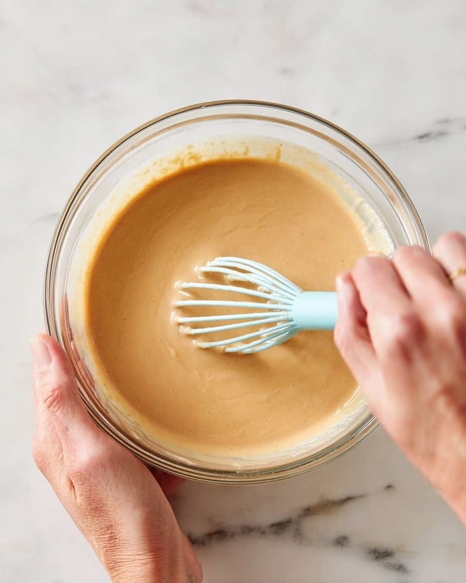A clear glass bowl filled with smooth light brown batter is being stirred by a woman's hand holding a pale blue whisk over a white marbled surface. The batter looks creamy and evenly mixed, with no visible lumps. Another woman's hand is holding the bowl steady from the side. The image shows only one layer of the mixture inside the bowl. photo taken with an iphone --ar 4:5 --v 7