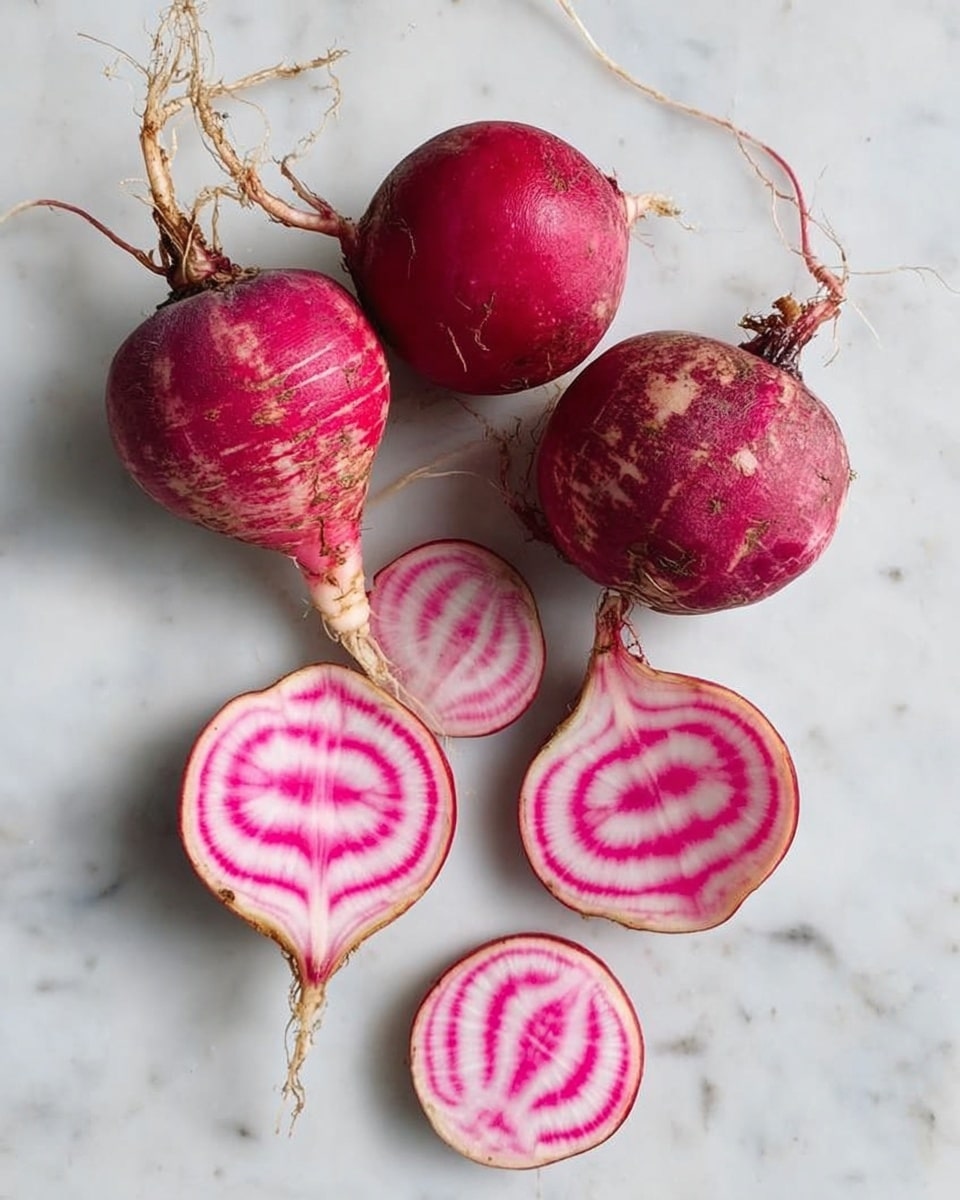 The image shows five whole pink radishes with rough textured skin and roots attached, placed on a white marbled surface. Alongside the whole radishes, there are three radishes sliced in half, revealing bright pink and white concentric rings inside. The sliced radishes are arranged in a scattered way, so the striped pattern is clearly visible. Photo taken with an iphone --ar 4:5 --v 7