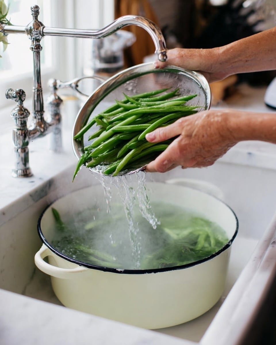 A close-up image shows a pair of woman's hands holding a metal colander and pouring bright green beans into a white enamel bowl filled with ice water. Steam rises from the green beans, showing they are freshly cooked. The white enamel bowl has a black rim and is set inside a white sink with a white marbled countertop around it. The background shows shiny silver kitchen taps and a clear soap dispenser, adding a clean kitchen feel. photo taken with an iphone --ar 4:5 --v 7
