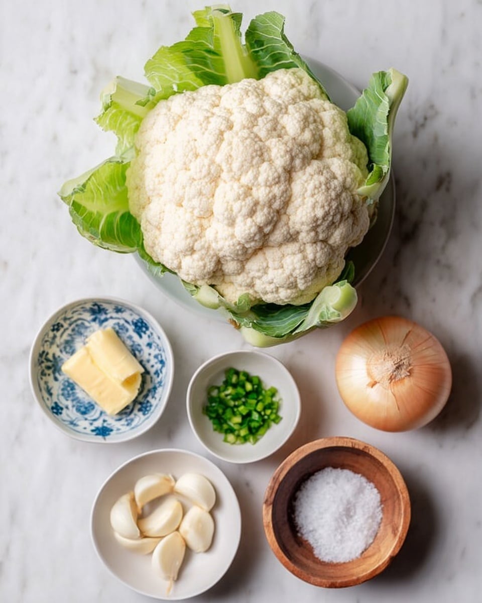 A large white cauliflower with green leaves sits at the center on a white marbled surface, surrounded by five small white bowls arranged around it. The bowls contain peeled garlic cloves, chopped green onions, a small dollop of mustard on a blue and white patterned dish, two slices of butter, and a small pile of white salt in a wooden bowl. To the right, a whole onion with light brown skin is partially visible. The setup is neat and simple, with soft natural light highlighting the textures and colors. photo taken with an iphone --ar 4:5 --v 7