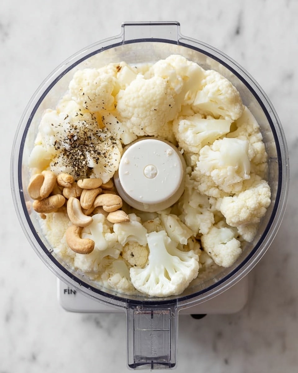 A top view of a food processor bowl filled with steamed cauliflower florets in a pale white color covering most of the bowl, some cashew nuts in a light tan color placed toward the bottom left, and a sprinkle of black pepper scattered mainly on the left side, with a central white plastic blade hub visible in the middle. The food processor is on a white marbled surface. Photo taken with an iphone --ar 4:5 --v 7