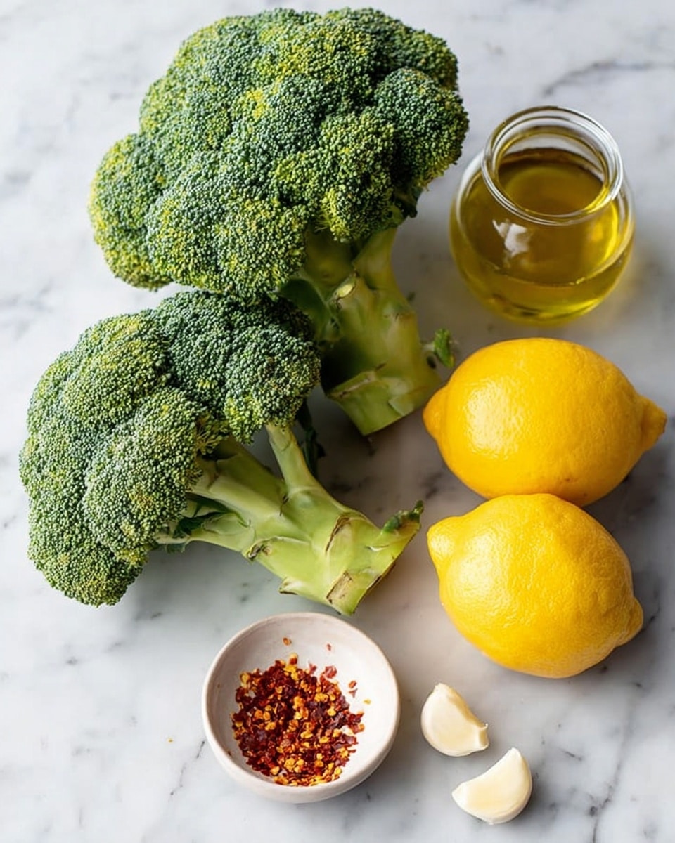 The image shows three big broccoli heads with green, bumpy tops and light green stems placed on a white marbled surface. Near them is a small glass jar filled with golden olive oil. A small white bowl contains red chili flakes, bright and small. In front of the bowl, there are three garlic cloves, white with a smooth skin. Two bright yellow lemons with slightly bumpy skin are also placed nearby. All items are spread out and clearly visible. Photo taken with an iphone --ar 4:5 --v 7