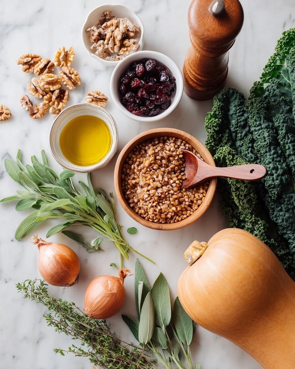 The image shows a white marbled surface with fresh ingredients arranged neatly: a large butternut squash with smooth orange skin on the lower right, dark green kale leaves partially visible underneath, and a group of three small brown onions and shallots beside it. Near the center, a wooden bowl filled with cooked brown grains, likely farro or wheat berries, has a wooden spoon resting inside. Above the bowl, there is a small white bowl with dark red dried cranberries, and next to it, a glass bowl filled with golden olive oil with a small wooden spoon inside. To the right, a small white bowl contains walnut pieces, and behind everything is a wooden pepper grinder. Various fresh herbs with different shades of green, including flat parsley and sage leaves, spread across the left and bottom parts of the image. Photo taken with an iphone --ar 4:5 --v 7