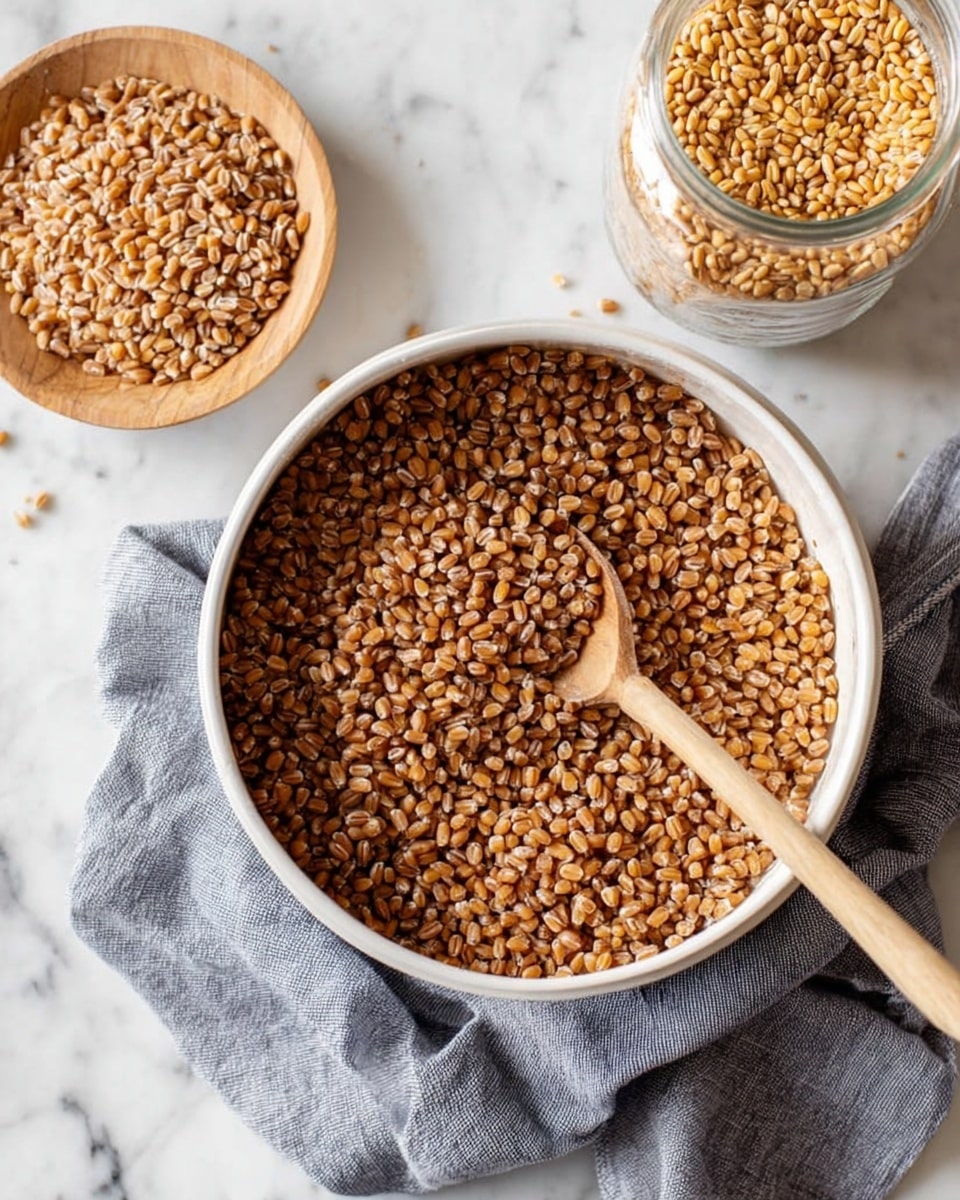 A white pot filled with cooked brown wheat grains, showing a mix of light and dark brown colors with a soft, slightly shiny texture. A wooden spoon is inside the pot, resting on the grains. The pot is placed on a gray cloth with a rough texture on a white marbled surface. Nearby, there is a small round wooden bowl filled with uncooked golden wheat grains and a glass jar with more uncooked grains. The scene is clean and bright with natural lighting. photo taken with an iphone --ar 4:5 --v 7