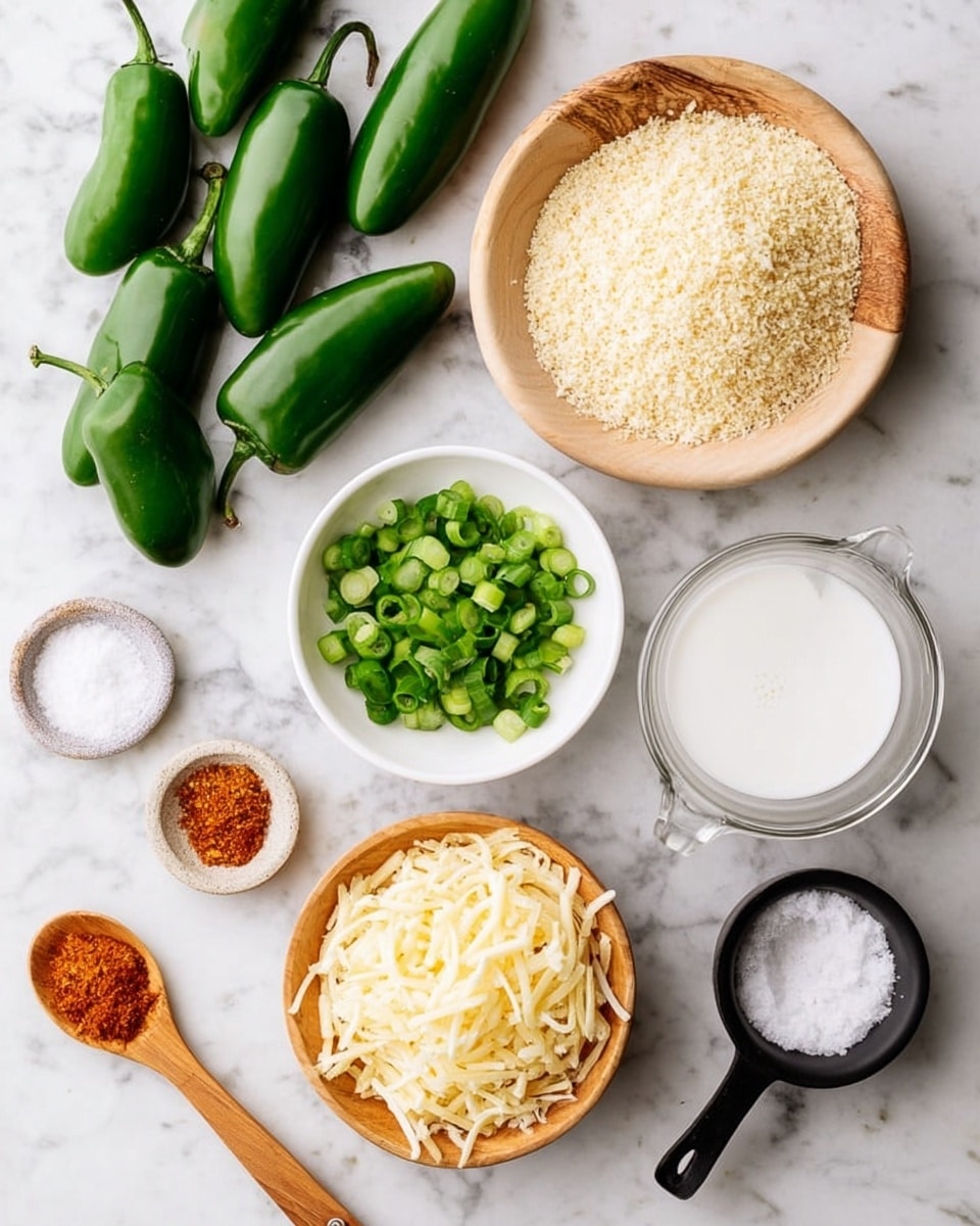 The image shows a white marbled surface with scattered fresh green jalapeño peppers at the top left and center. Below them, there are small white and light wooden bowls with different ingredients: a white bowl with chopped green onions on the left, a small wooden bowl with coarse salt in the center, and a wooden bowl filled with shredded pale yellow cheese on the right. A clear glass bowl filled with light brown breadcrumbs is in the middle, a black measuring cup with white cream is at the top right, and near the center right is a tiny wooden spoon holding a small amount of salt. A wooden spoon with reddish-orange seasoning sits at the bottom left corner. photo taken with an iphone --ar 4:5 --v 7