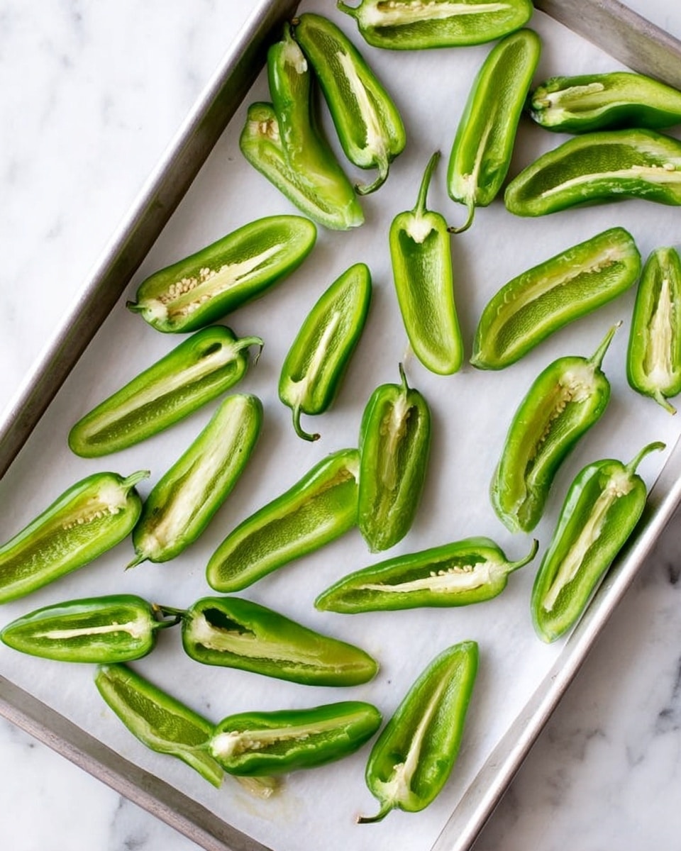 The image shows a metal baking tray lined with white paper on a white marbled surface. On the tray, there are many green peppers, each cut in half lengthwise and placed with the inside facing up. The peppers show a smooth, slightly shiny green skin on the edges, and the inside is a lighter green with some seeds attached near the top where the white stem and core parts remain. The peppers are arranged in a scattered but evenly spaced manner, filling the tray. Photo taken with an iphone --ar 4:5 --v 7