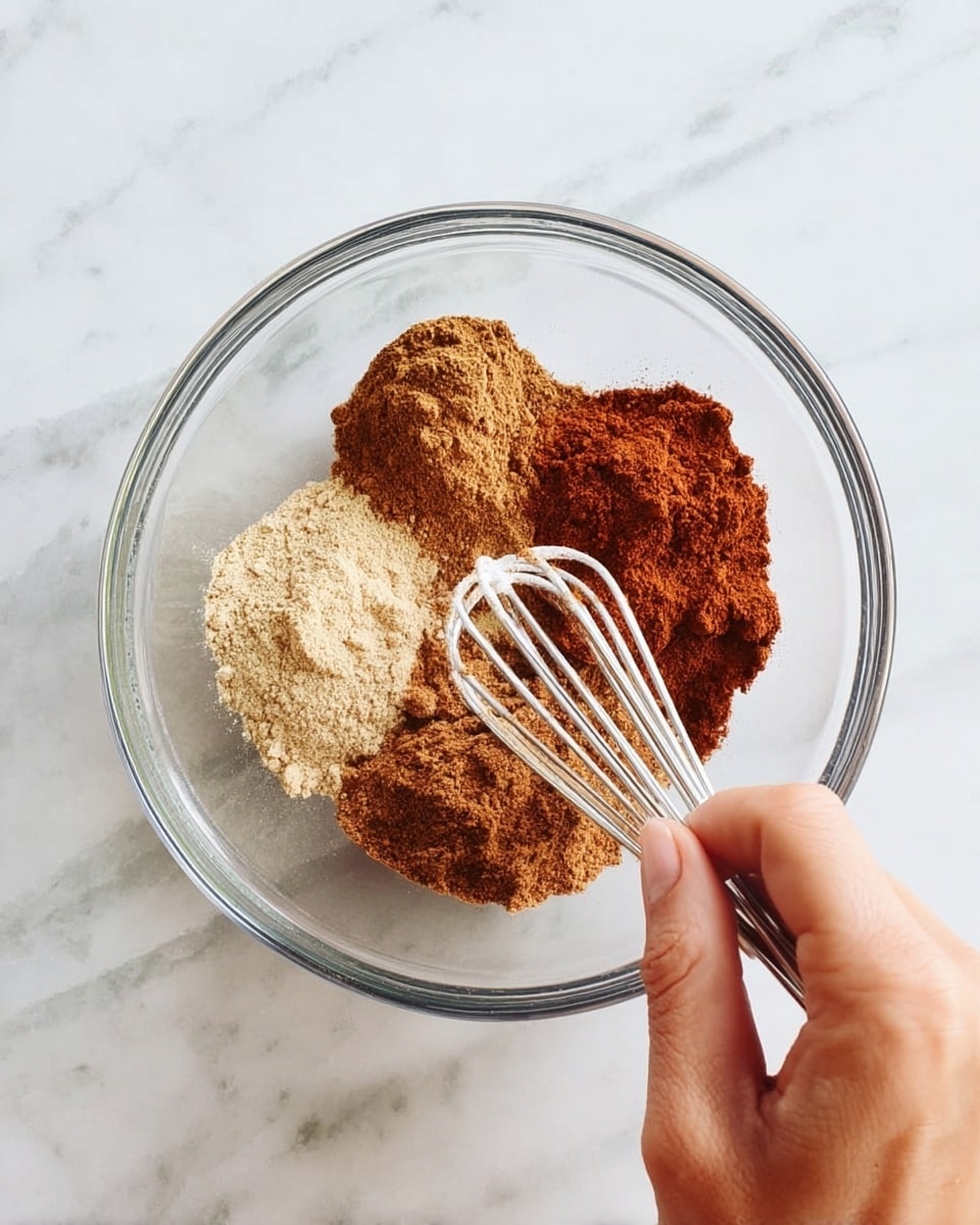 A clear glass bowl held by a woman's hand on a white marbled surface contains three separate piles of powdered spices in a triangle shape: light beige, reddish brown, and medium brown. Another woman's hand is holding a metal whisk with white loops, positioned inside the bowl near the spices. photo taken with an iphone --ar 4:5 --v 7