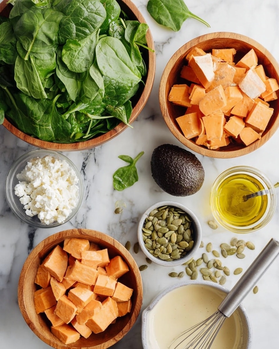 The image shows several white bowls and wooden bowls on a white marbled surface, each filled with different ingredients. One wooden bowl is full of fresh green leafy spinach, some leaves scattered outside the bowl. Nearby, a wooden bowl holds chopped chunks of orange sweet potato with skin. A small white bowl contains white crumbly cheese, while a small gray bowl is filled with light green pumpkin seeds. Another white bowl has a creamy beige sauce with a metal whisk inside. A small glass container holds yellow oil, and a single dark avocado is placed next to the bowls. A woman’s hand is not visible, only the ingredients are shown. Photo taken with an iphone --ar 4:5 --v 7
