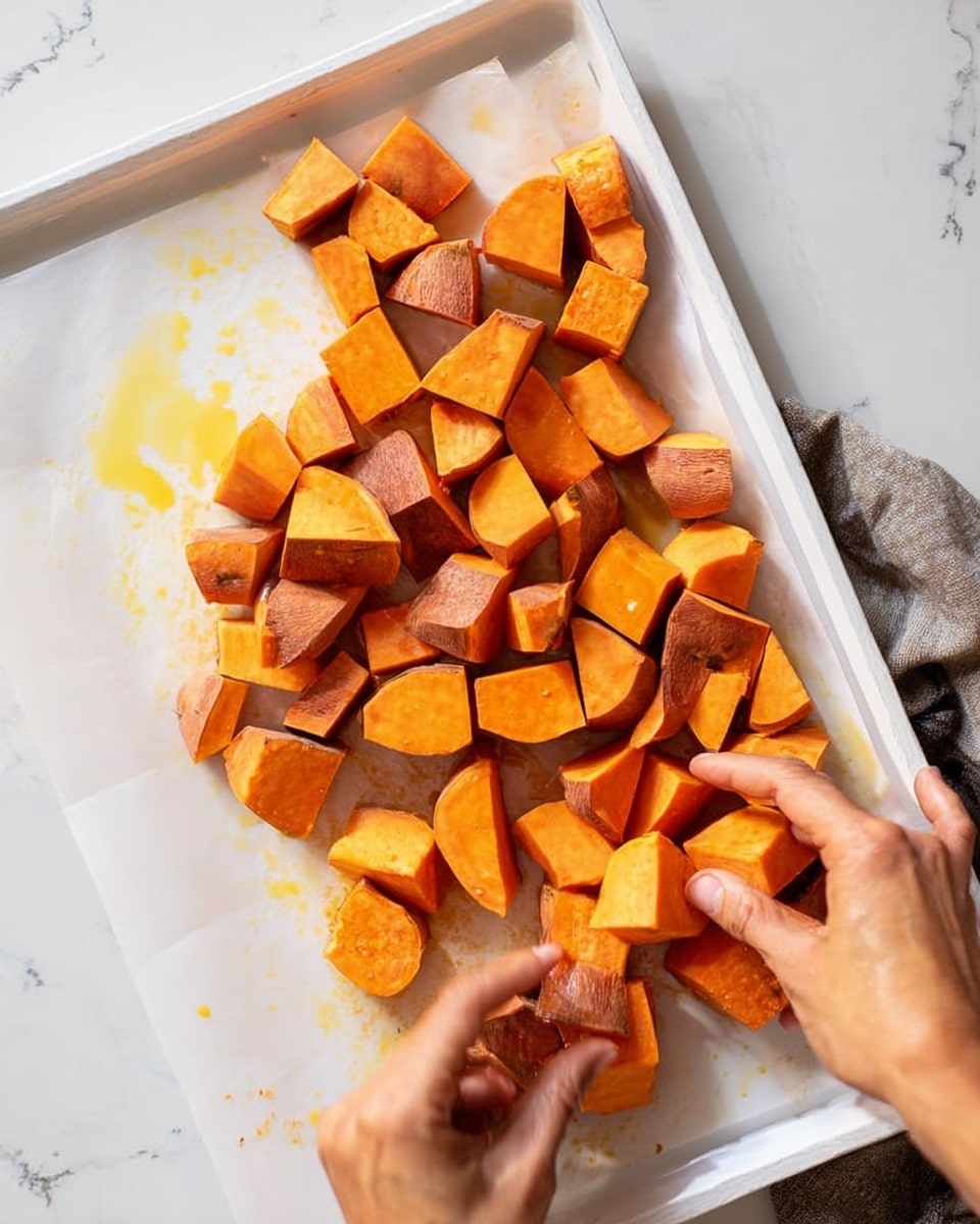 A white tray lined with parchment paper holds several uneven cubes and wedges of orange sweet potato with brown skin. The sweet potatoes are scattered, some clustered together, while two woman's hands are in the lower part of the image, mixing or spreading the sweet potato pieces. There are small spots of oil glistening on the parchment paper around the sweet potato, and the background has a white marbled texture. Photo taken with an iphone --ar 4:5 --v 7