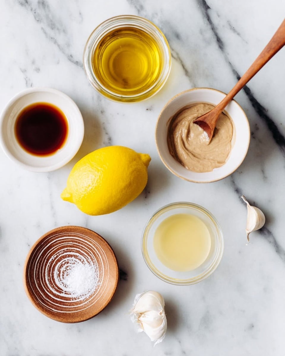 A white marbled surface holds several small bowls and items arranged loosely in a circular pattern. There is a white bowl with a light brown creamy mixture inside and a small wooden spoon resting in it. Nearby, a clear glass jar is filled with golden-yellow oil. A bright yellow lemon with a smooth texture is placed next to a small white bowl containing a pale yellow liquid. Another clear small bowl holds dark amber liquid. A wooden plate with a spiral of white granulated salt is near the bottom left, and a single white garlic clove is near the bottom right. The setup has a clean and fresh look with simple colors. photo taken with an iphone --ar 4:5 --v 7